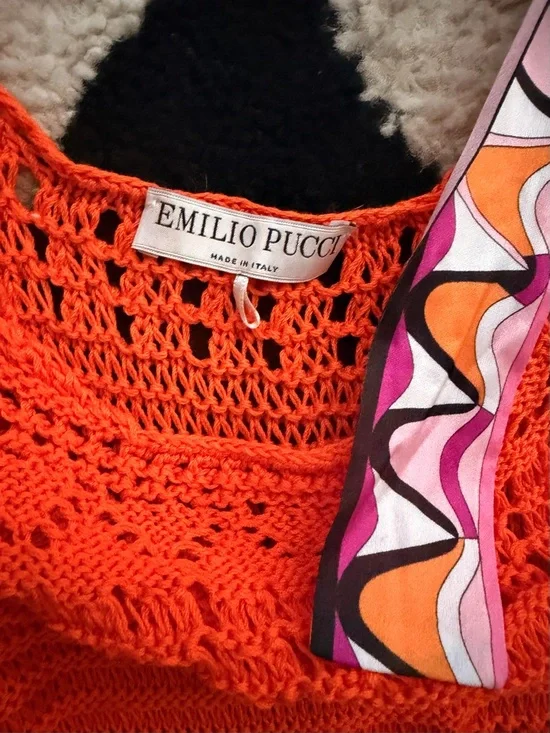 Authentic Emilio Pucci Bright Orange Sleeveless Crochet A-Line Dress - Picture 4 of 6